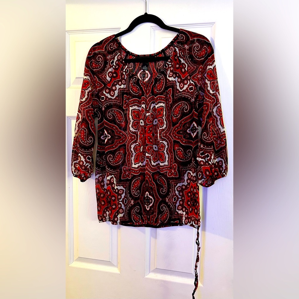 INC International Concepts - Large - Red Black Design Sheer Long Sleeve Blouse